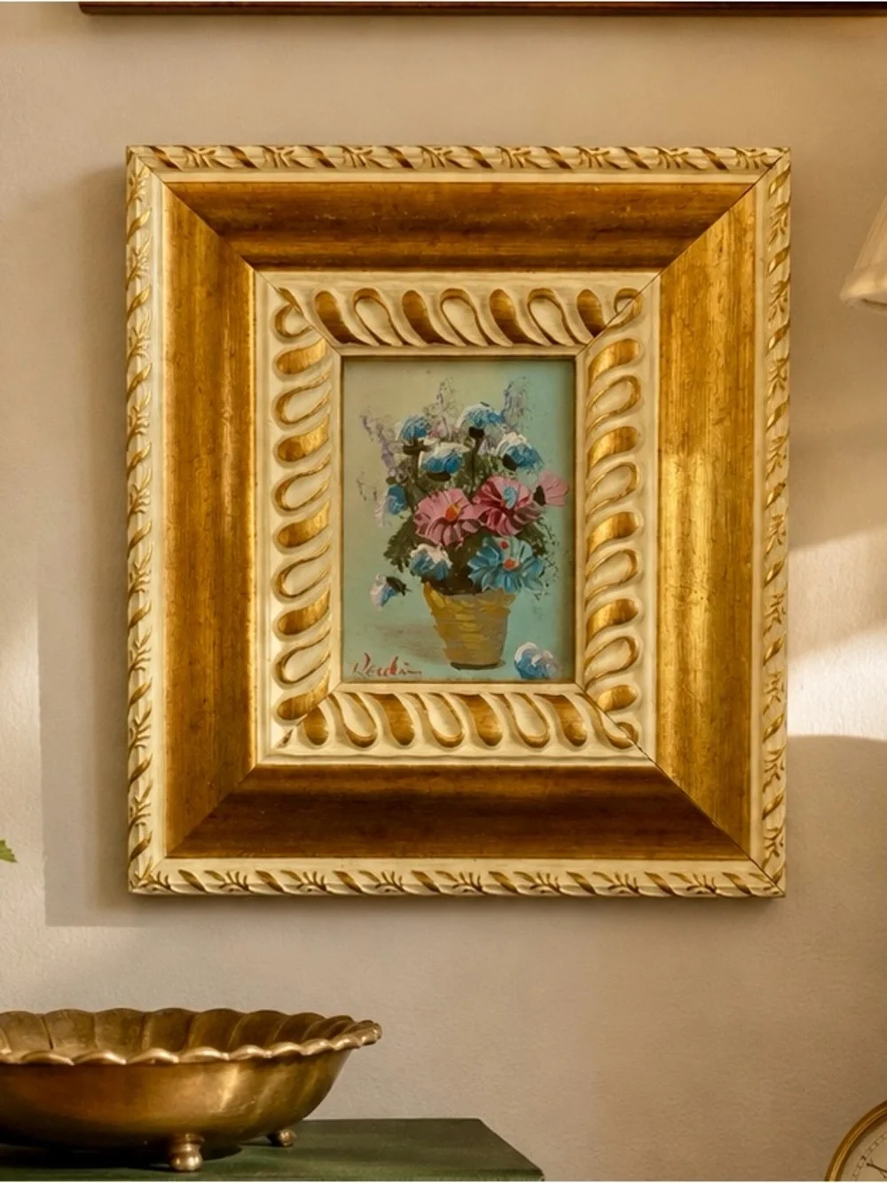 Vintage Signed Miniature Floral Oil Painting in Ornate Gilt Frame